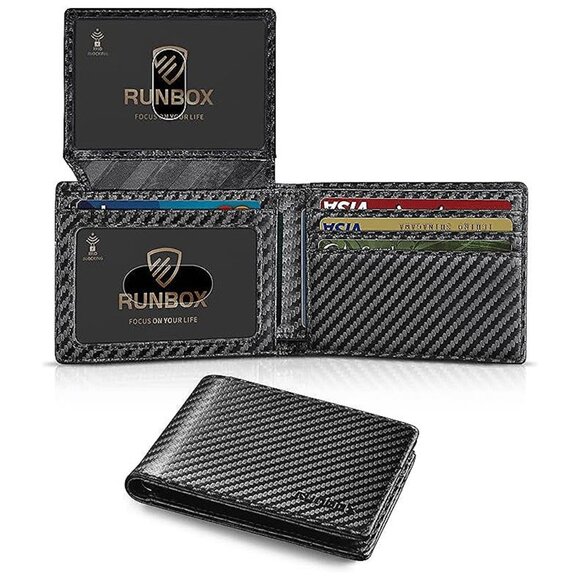Wallet for Men Slim Rfid Leather 2 ID Window With Gift Box Carbon black